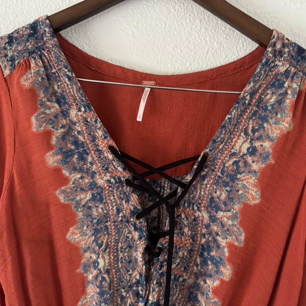 Free People Wildest Moment Rust Paisley Lace-Up Tunic Large Boho Romantic - Picture 4 of 16